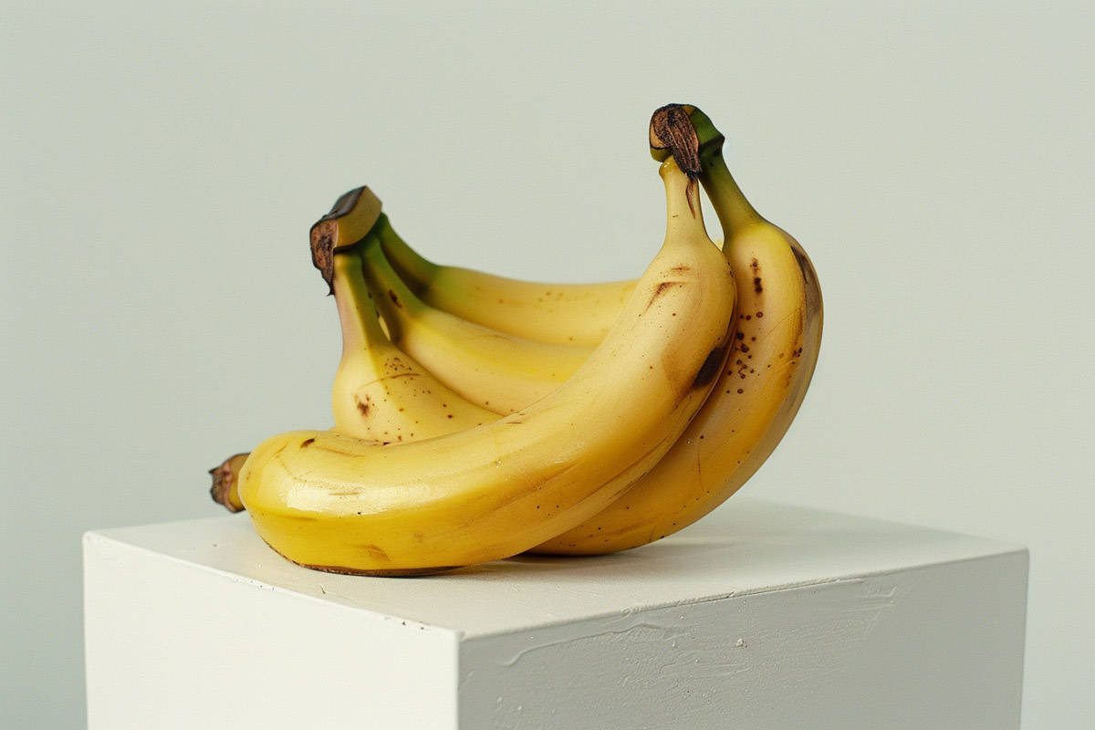 A bunch of bananas on a white cube.