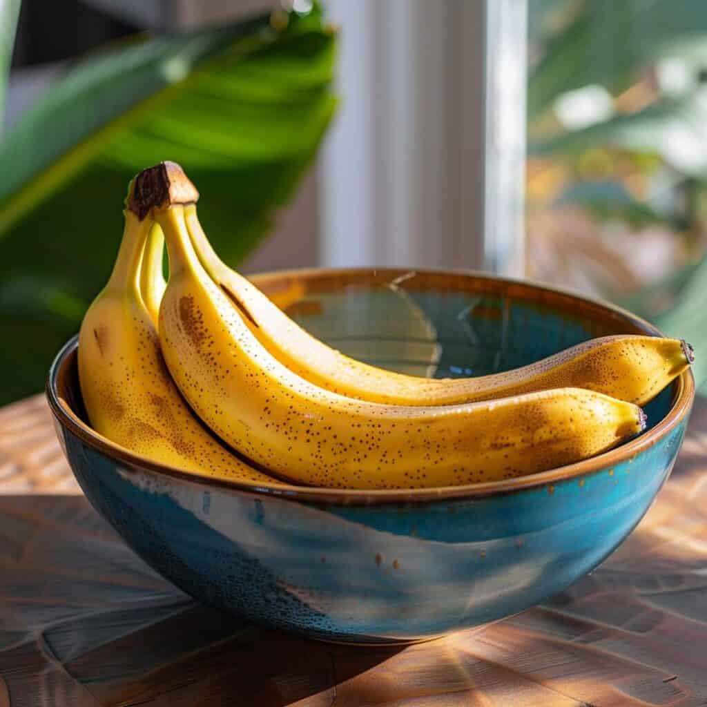 A bowl of bananas on a table.