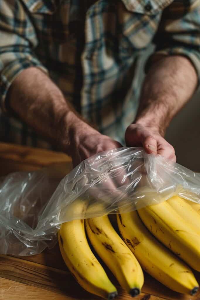 A man holding a bag of bananas.