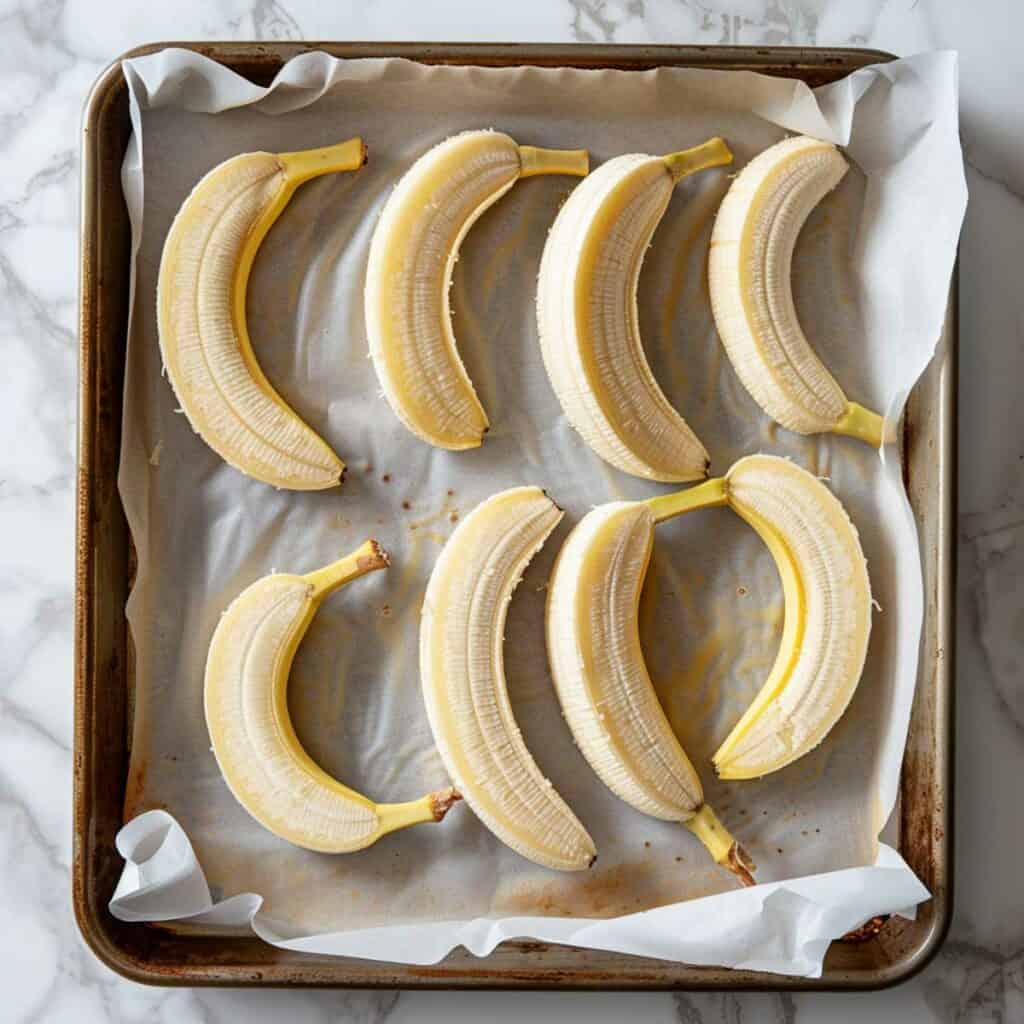A tray of bananas on a marble surface.