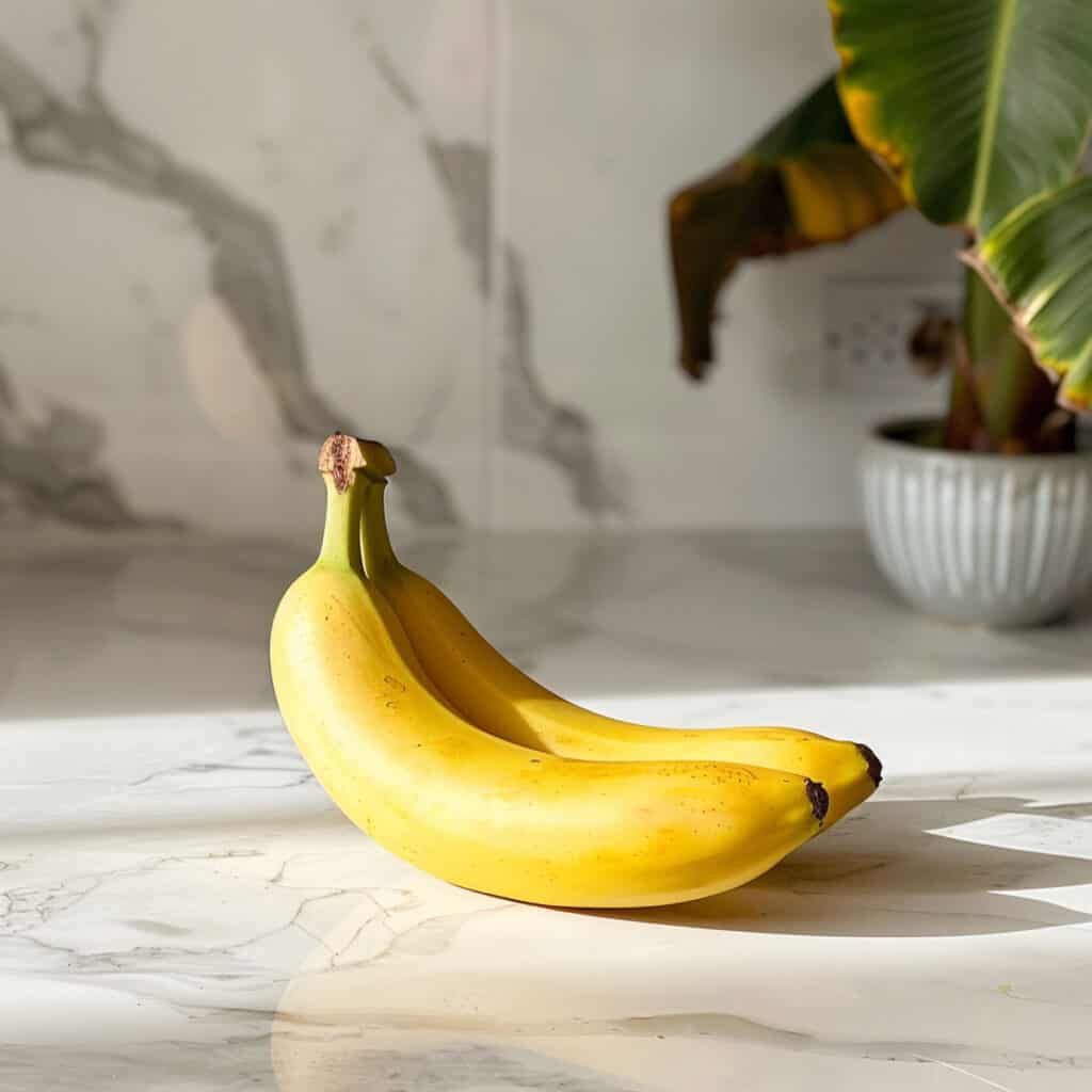 A pair of bananas on a marble counter.