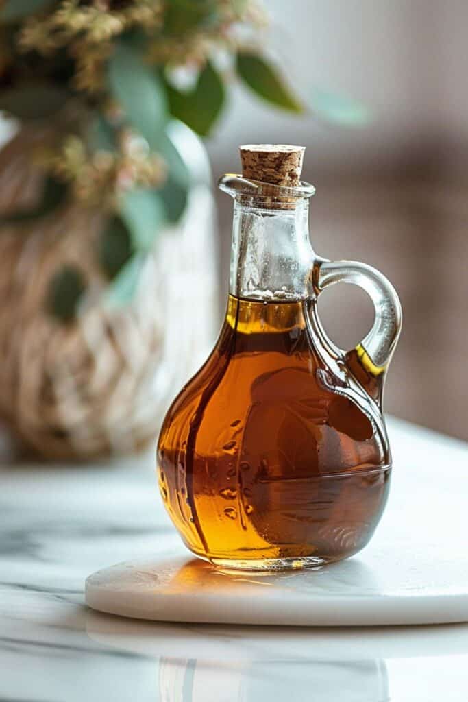 A bottle of maple syrup sitting on a white table.