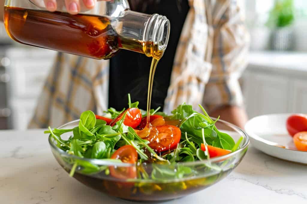 A woman is pouring olive oil into a bowl of salad.