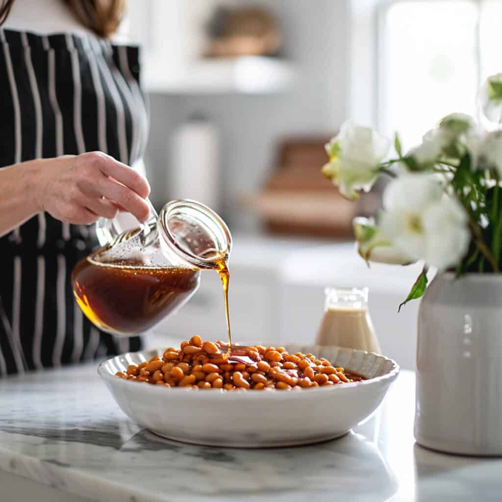 A woman pouring honey on a bowl of beans.