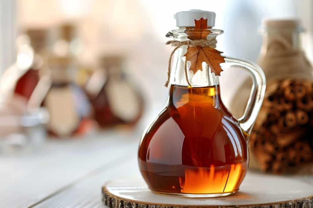 A bottle of maple syrup on a wooden table.