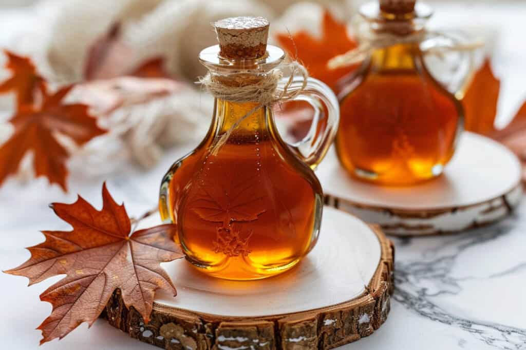 Two jars of maple syrup on a table with autumn leaves.