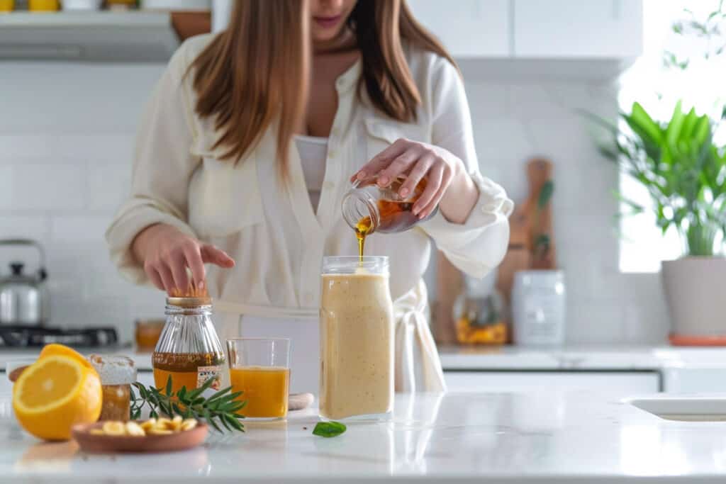A woman pouring a smoothie into a glass.