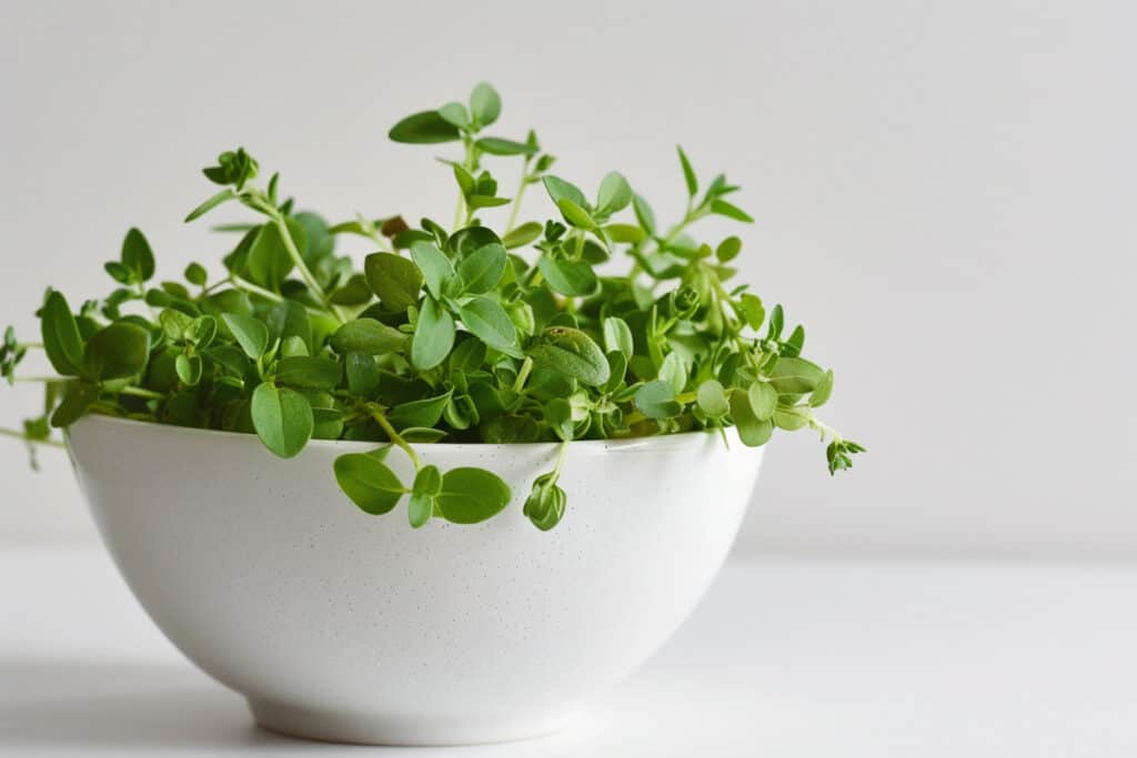 Thyme in a white bowl on a white table.