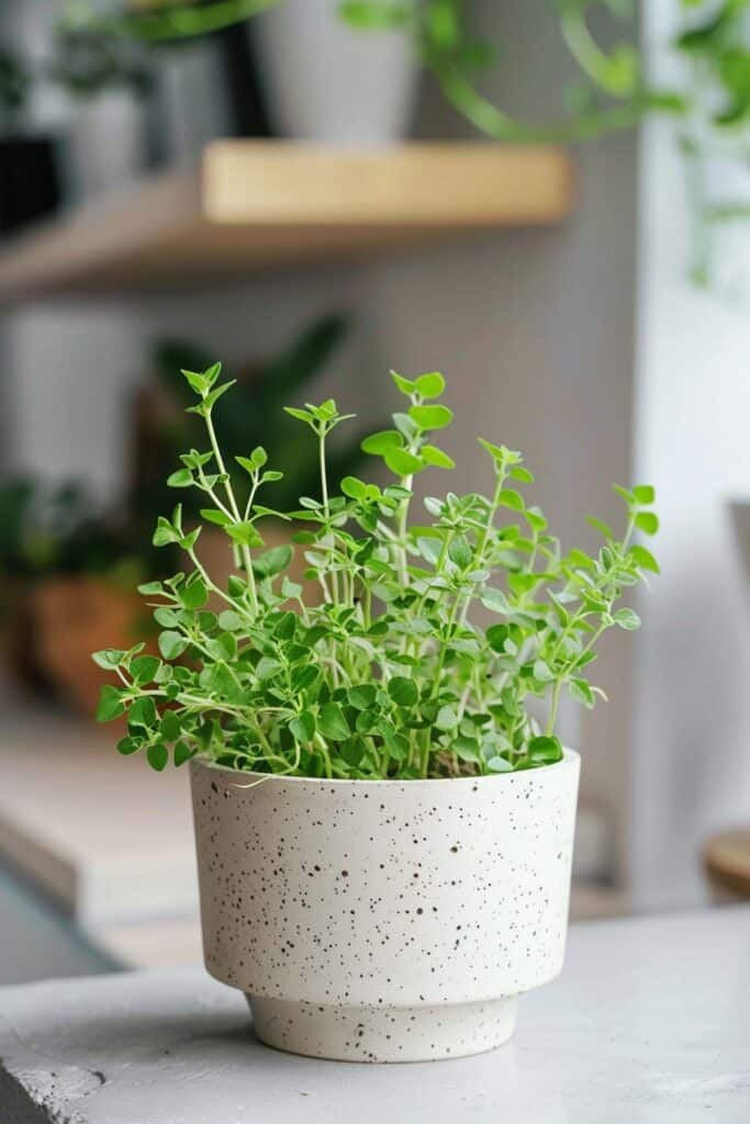 Thyme plant in a white pot on a table.