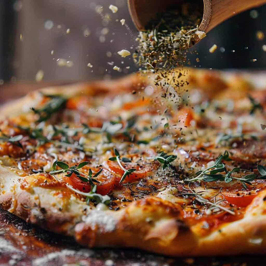A pizza with herbs being sprinkled on it.