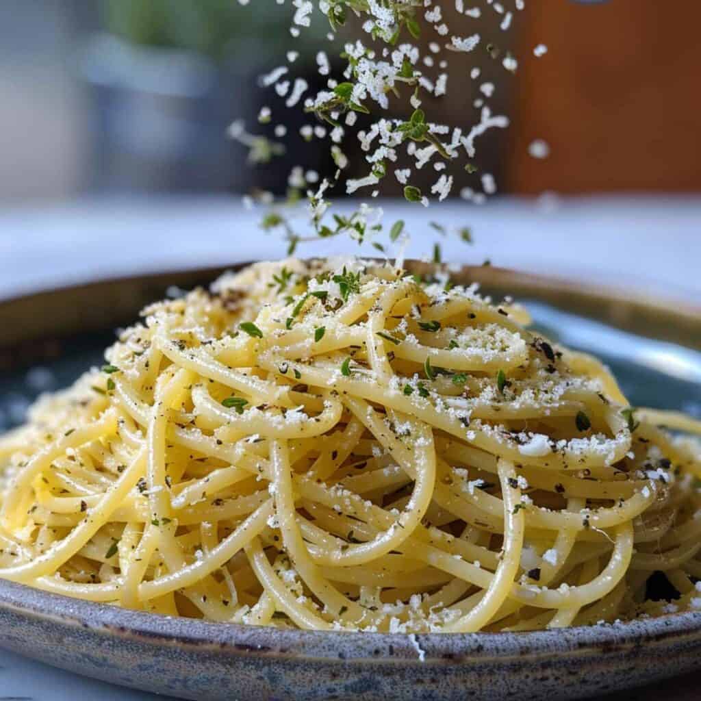 A plate of spaghetti with parmesan sprinkled on top.