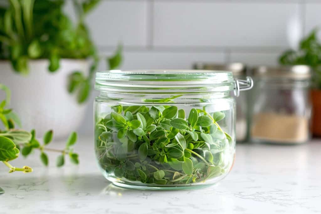 Fresh herbs in a glass jar on a counter.