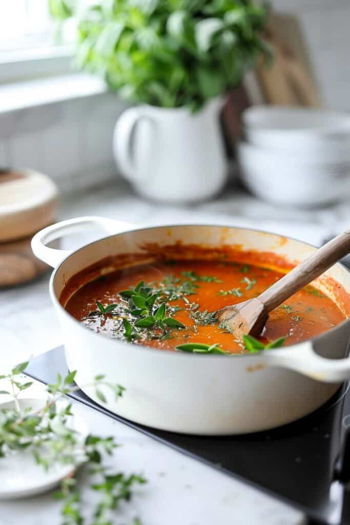 A pot of tomato soup with a wooden spoon.