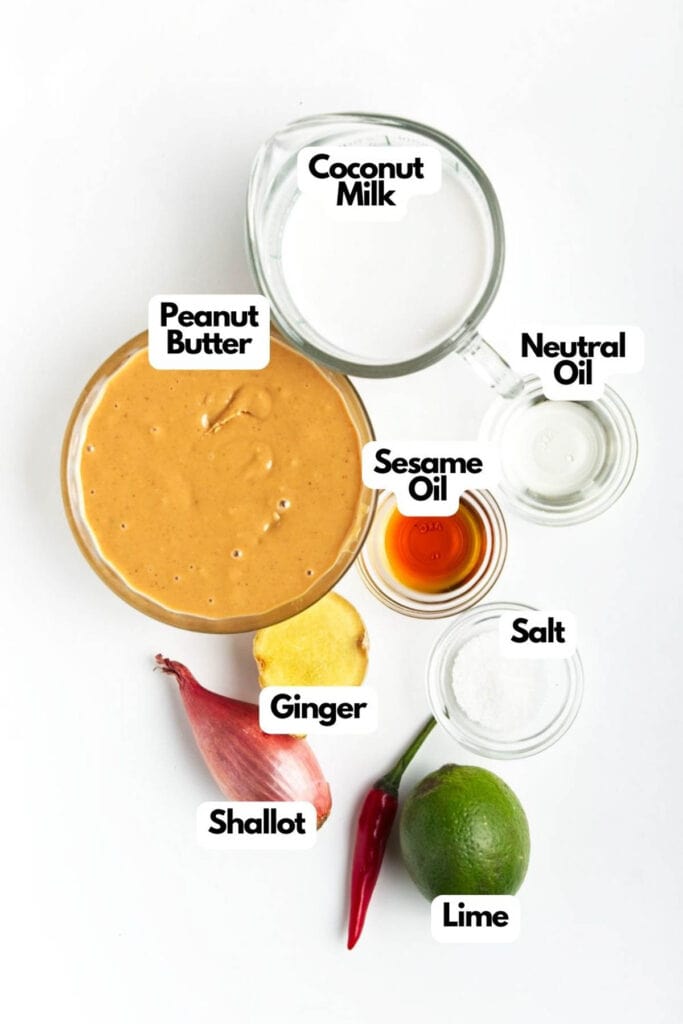 Ingredients for a peanut sauce recipe displayed on a white background.