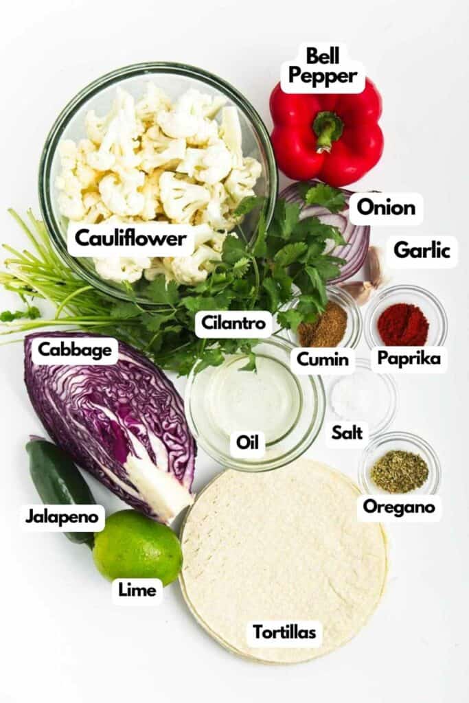 A list of ingredients for roasted cauliflower tacos.