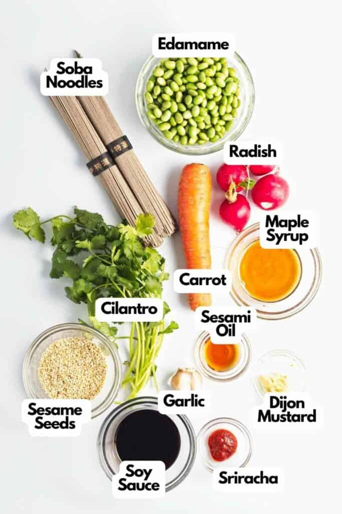 A list of ingredients for a sesame soba noodles recipe.