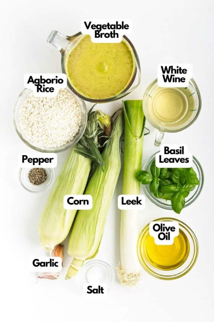 A list of ingredients for a sweet corn risotto dish.