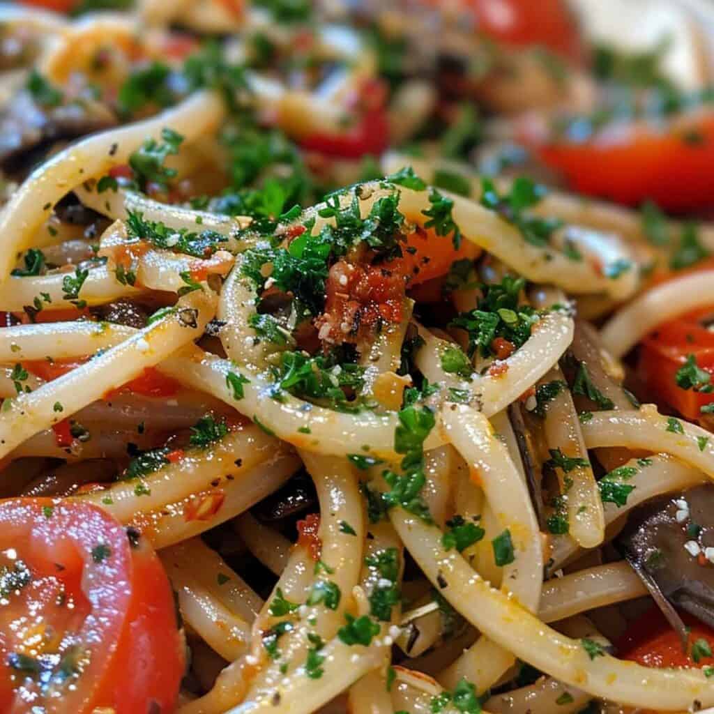 A plate of pasta with tomatoes and herbs.