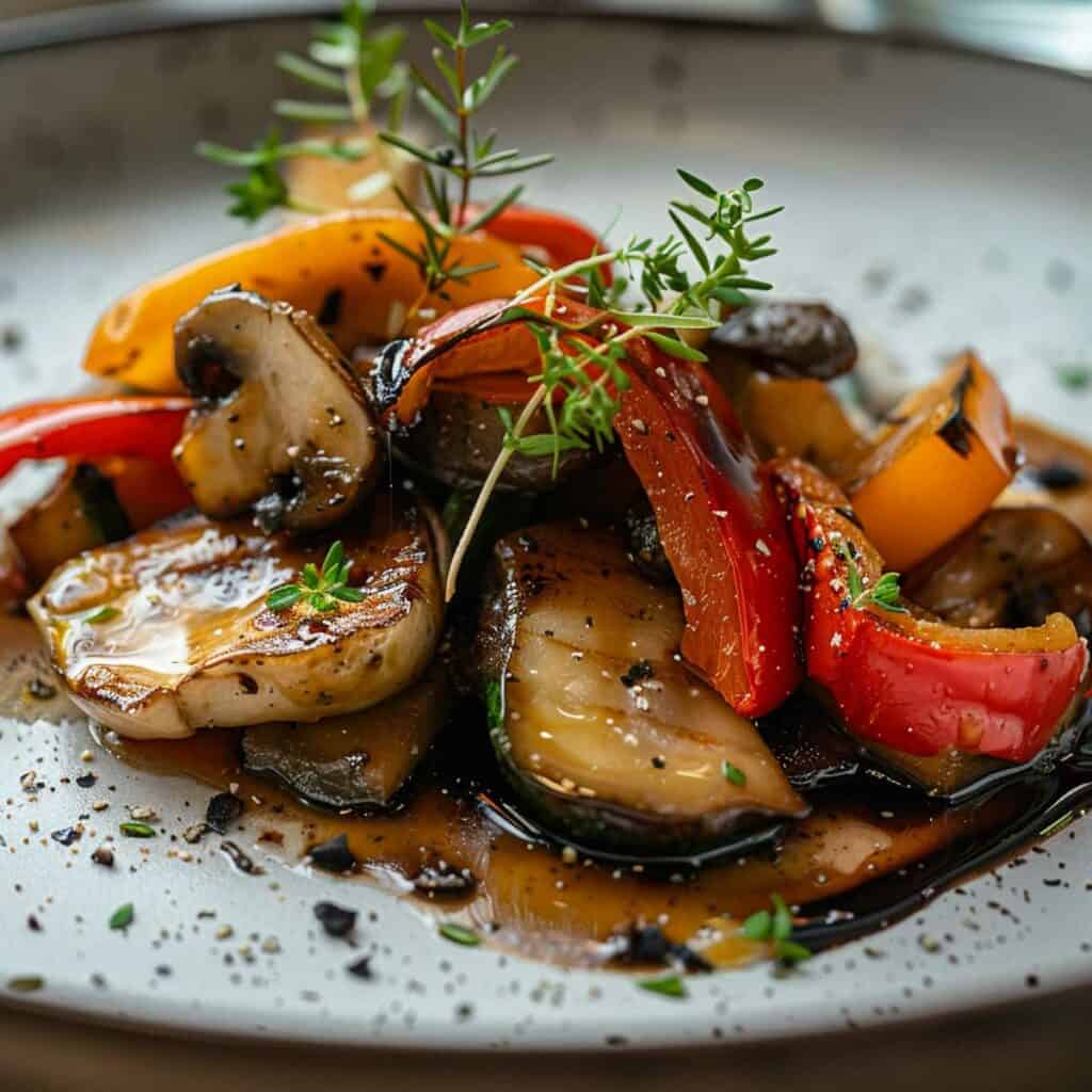 A plate with mushrooms and peppers on it.