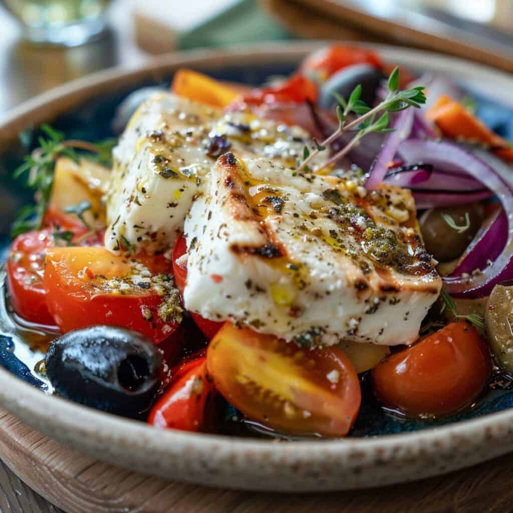 A plate with grilled feta, tomatoes and onions.