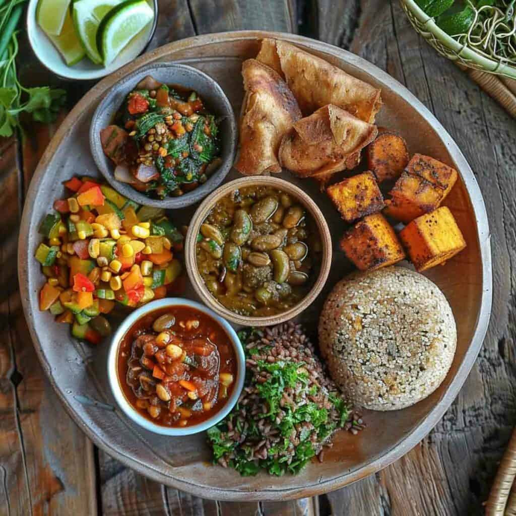 A plate of food on a wooden table.