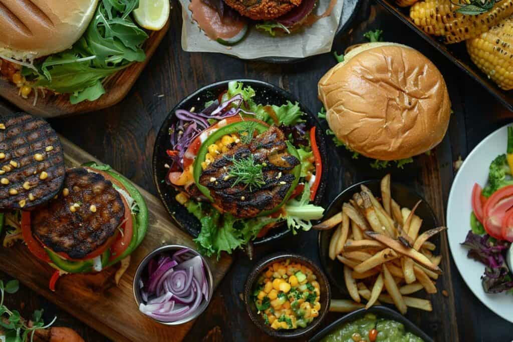 Burgers, fries and other food on a wooden table.