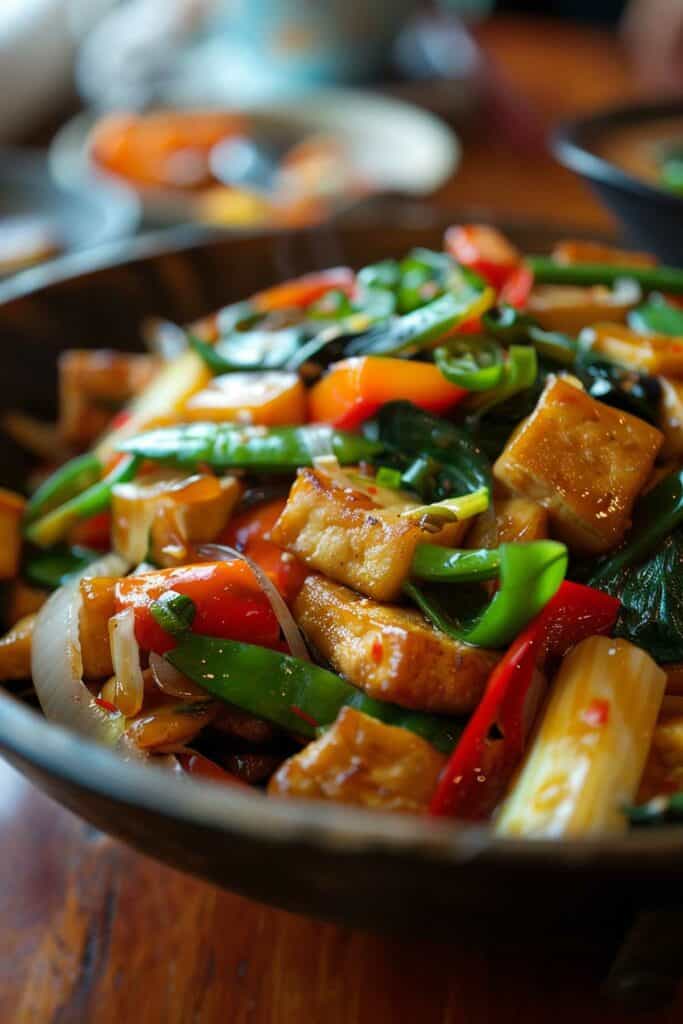 A bowl of stir fried food on a table.