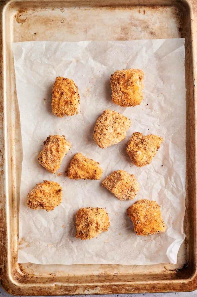 Vegan chicken nuggets on a tray.
