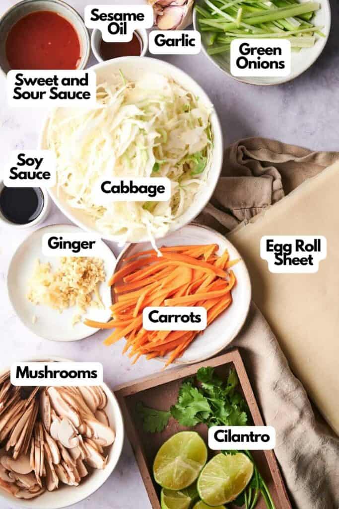 A list of ingredients for a vegan egg roll recipe.
