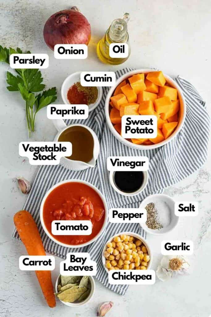 A list of ingredients for a healthy vegetable soup.