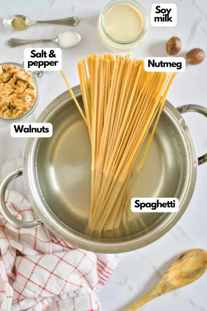 Ingredients for a pasta dish in a pan.