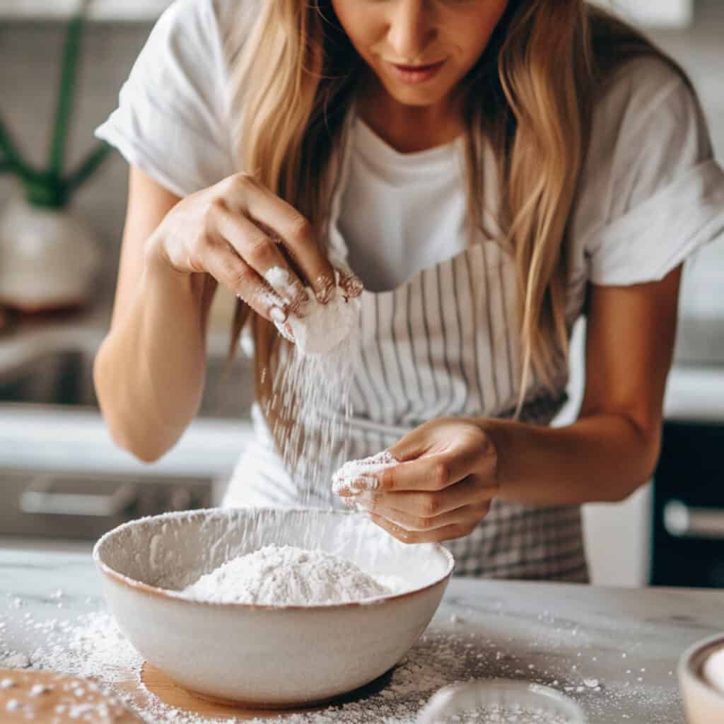 A woman sifting flour into a bowl.