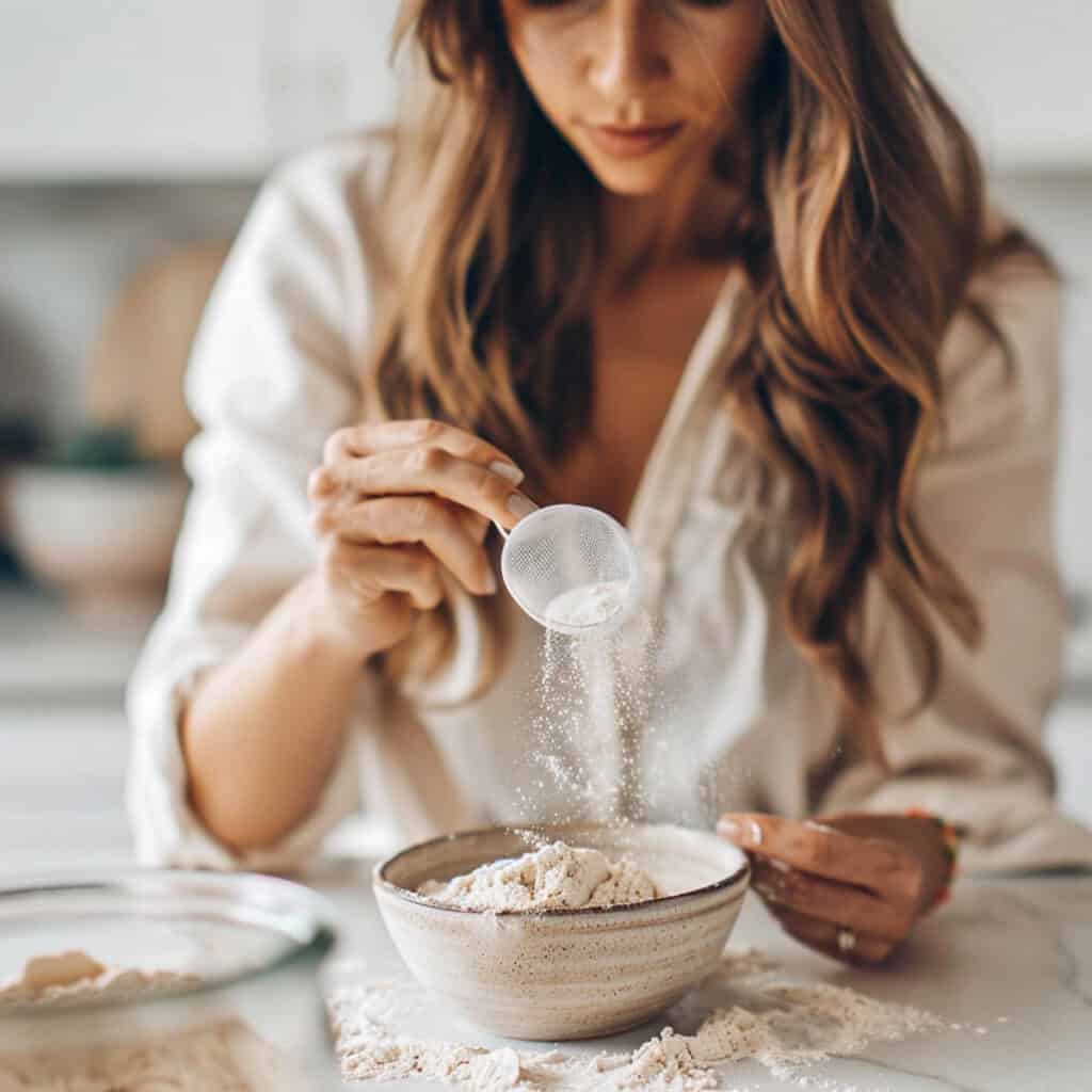 A woman pouring flour into a bowl.