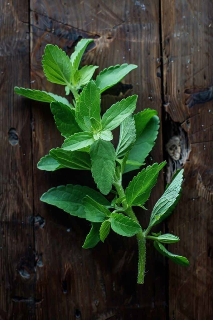 Stevia on a wooden background.