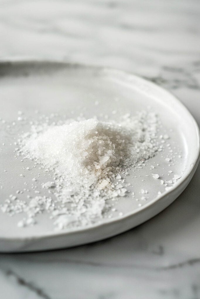 A white plate with a pile of salt on it.