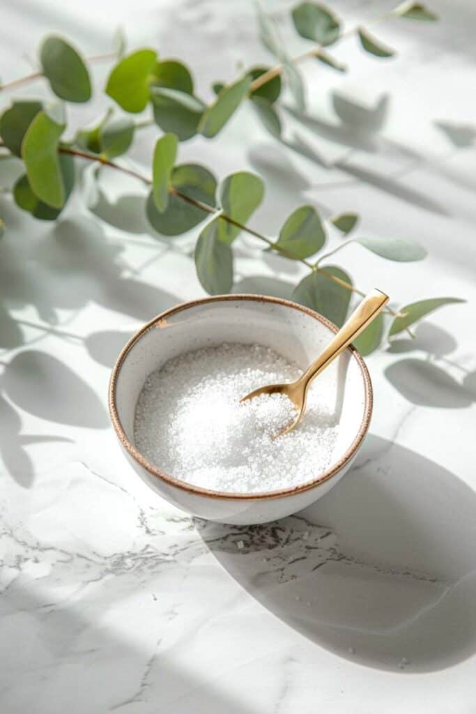 Eucalyptus leaves and salt in a bowl on a marble table.