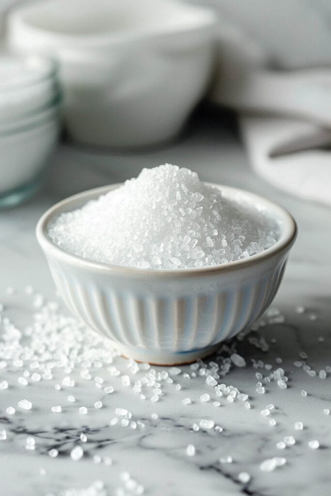 A bowl of salt on a table.