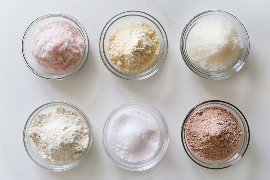 Five bowls of different types of powders.