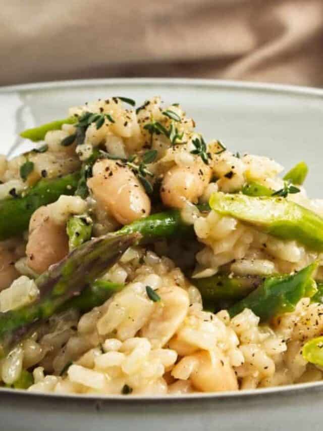 Asparagus and White Bean Risotto in a white bowl.