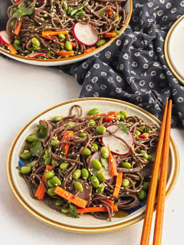 A plate of noodle salad with carrots and radishes.