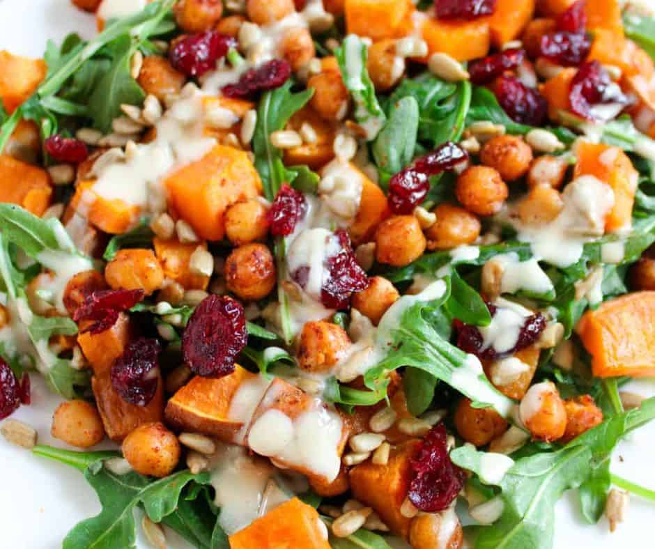 Roasted Sweet Potato and Chickpea Salad with Tahini Sauce - Two City Vegans