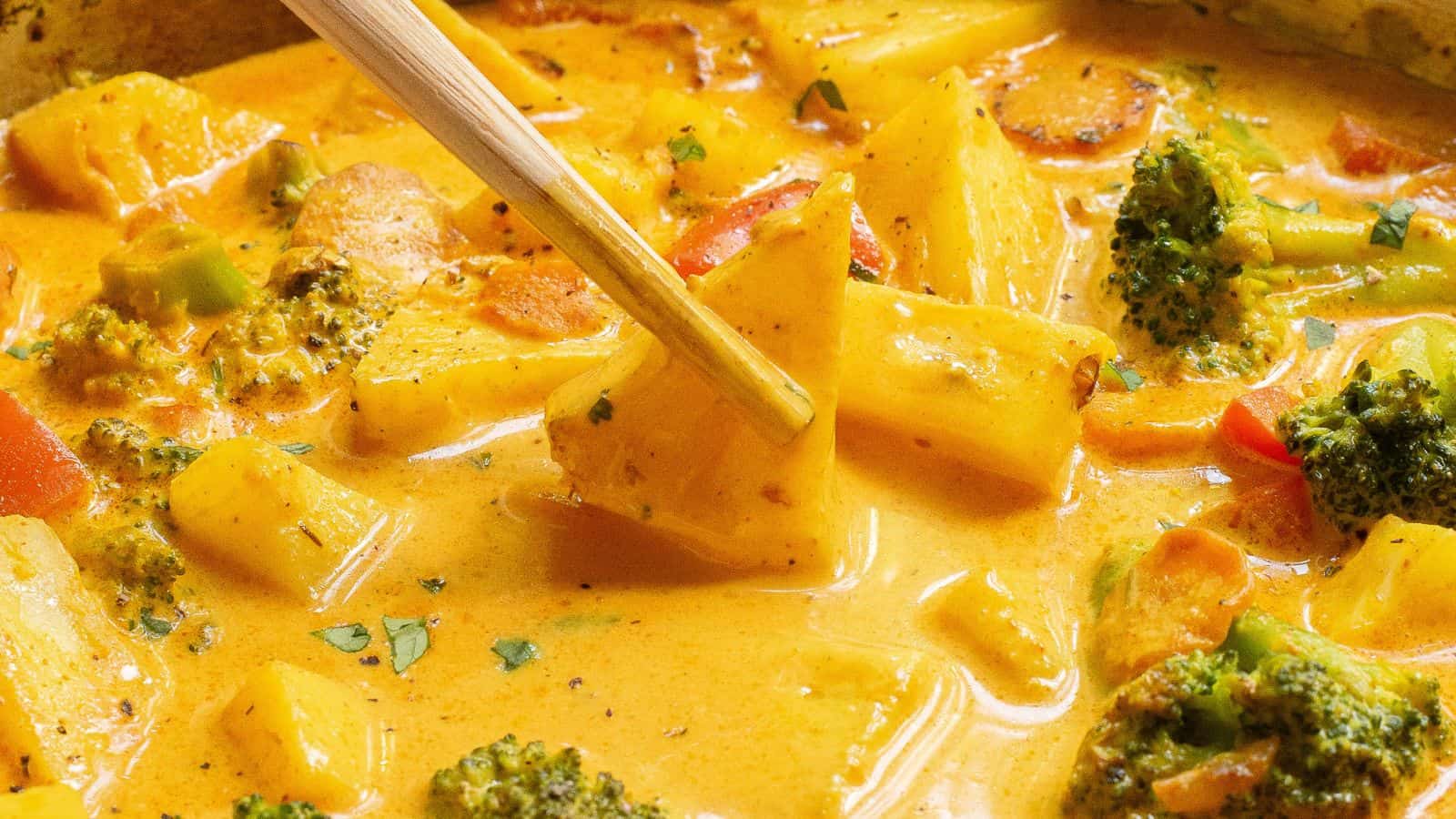 A close-up of a creamy yellow curry with pieces of pineapple, broccoli, and red bell peppers. A wooden spoon is stirring the mixture.