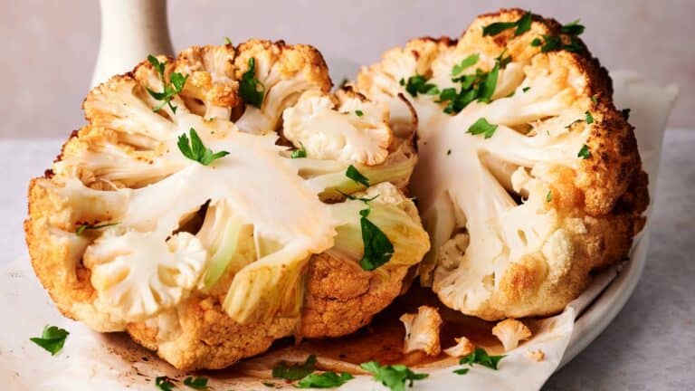 A roasted cauliflower head cut in half, garnished with chopped parsley, displayed on a white plate.