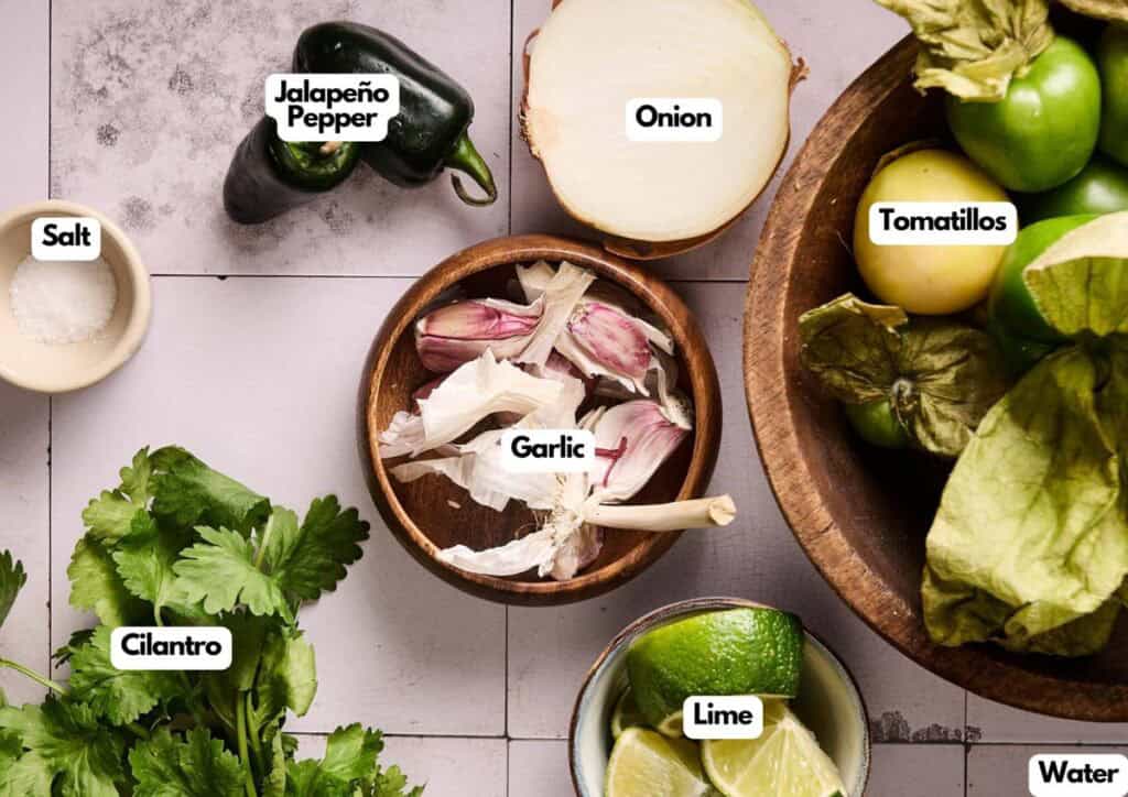Top-down view of fresh Salsa Verde ingredients&mdash;jalape&ntilde;o, onion, tomatillos, garlic, salt, cilantro, lime, and water&mdash;each labeled on a kitchen counter.