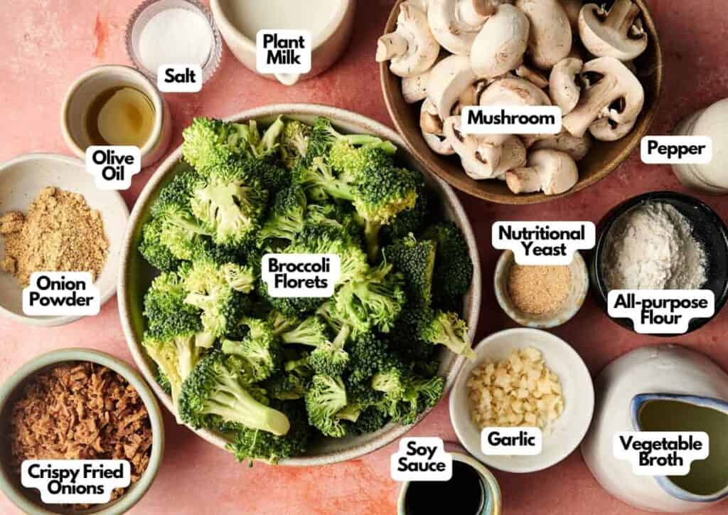 A variety of labeled ingredients on a counter, including broccoli florets for an Air Fryer Vegan Broccoli Casserole, mushrooms, plant milk, nutritional yeast, soy sauce, garlic, flour, vegetable broth, and seasonings.