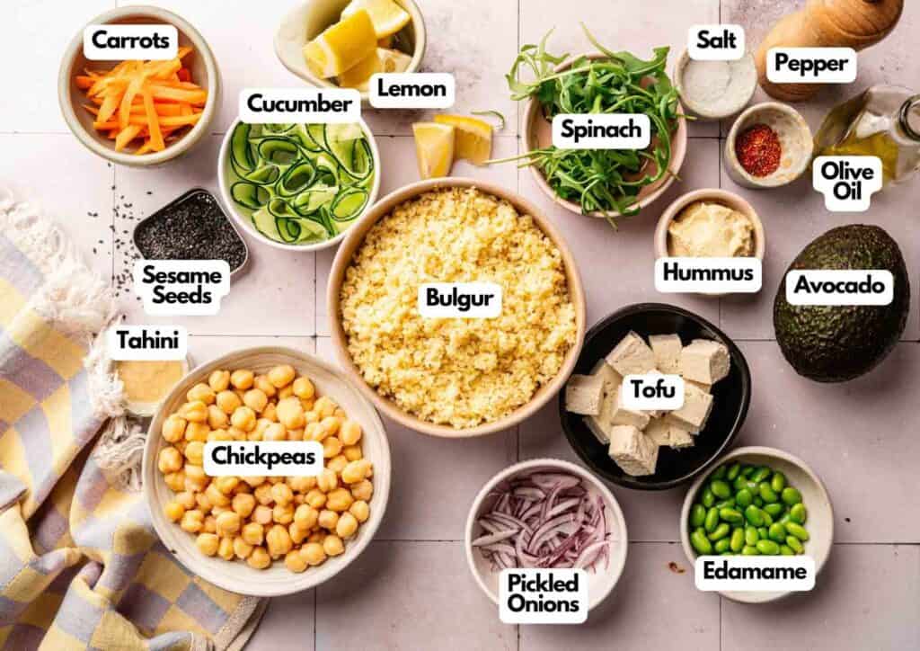 Top view of various labeled ingredients for a Vegan Buddha Bowl, including bulgur, chickpeas, tofu, vegetables, seeds, hummus, and seasonings arranged on a white surface.